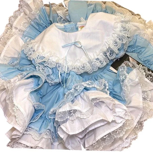 Lid'l Dolly Pageant Dress Blue White Full Circle Ruffle Lace Girls Sz 16-19 lbs - Picture 2 of 8